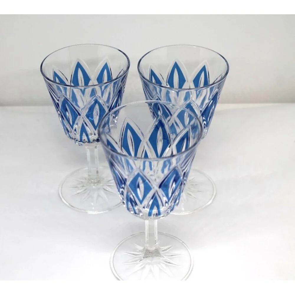 50’s MCM French Diamond Cut Crystal Wine Glasses by VMC Reims S/3 Blue